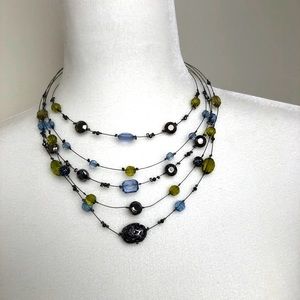Multi Strand Blue Green Beads on Wire Necklace